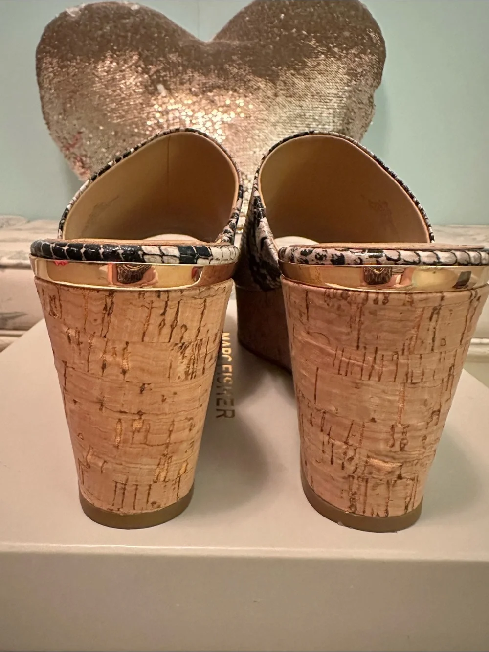 Marc Fisher Snake-Print Cork Platform Mules - Black & Cream